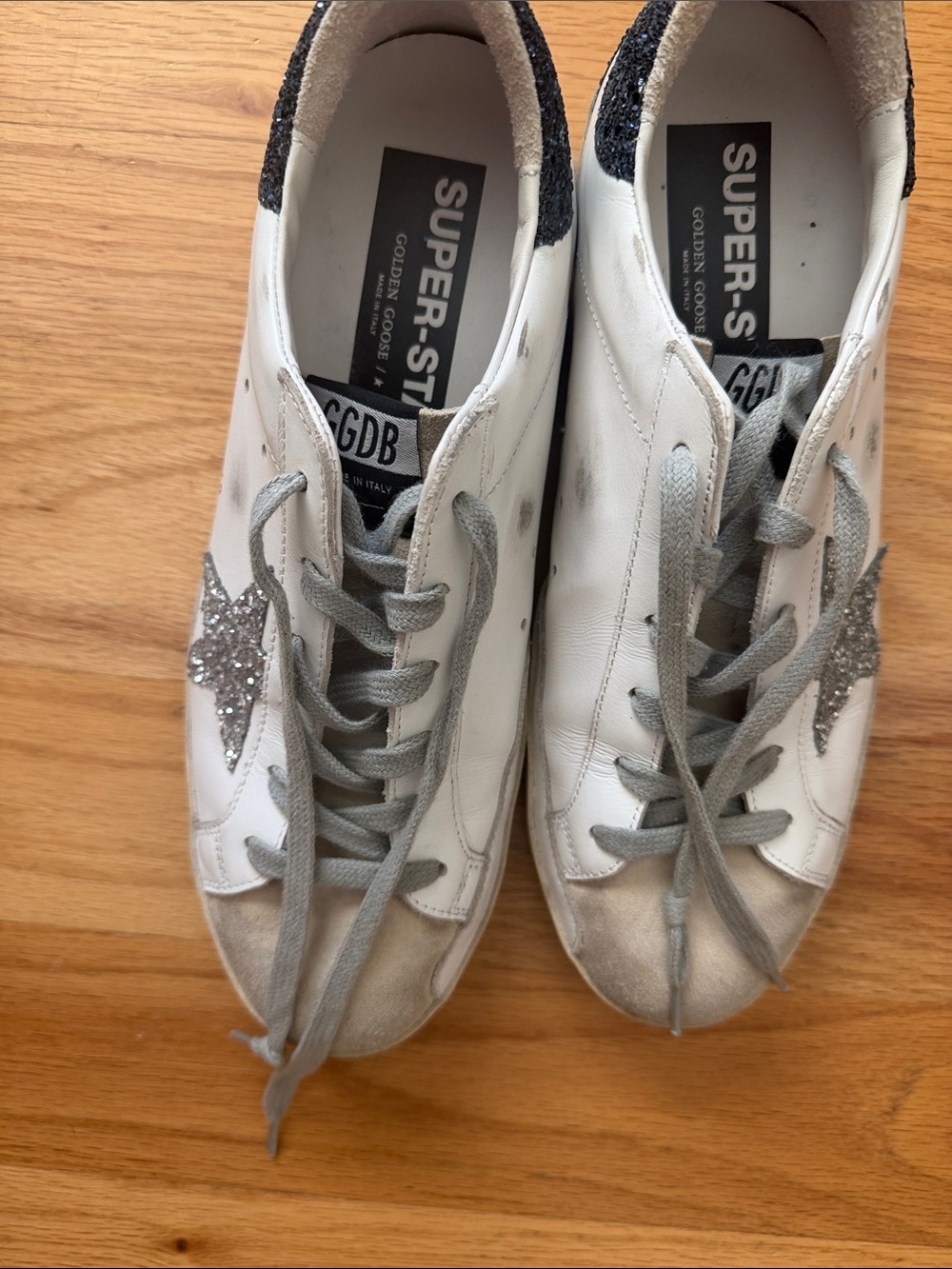 Golden Goose Women’s White Leather Sneakers with Silver Glitter Star-Worn Twice